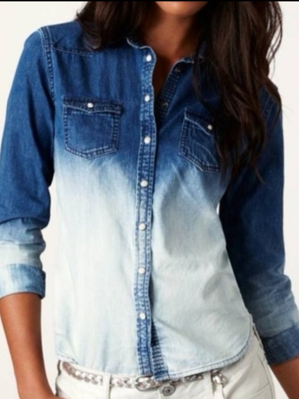 American Eagle Blue Ombre Pearl Snap Jean Shirt